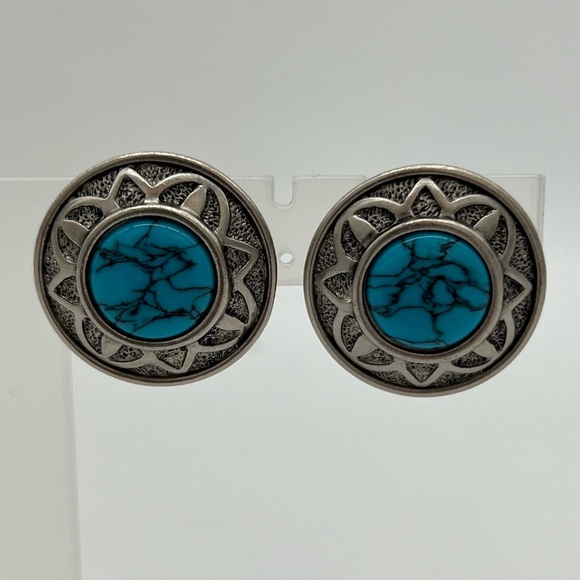 Vintage LERITZ ClipOn Earrings Silver Tone Turquoise Cabochon Southwestern Style - Picture 1 of 6